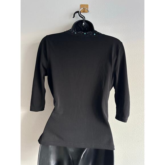 Vintage 2000s Black Wrap Top Lace Beaded Sequin Y2K Blouse Small - Picture 2 of 7